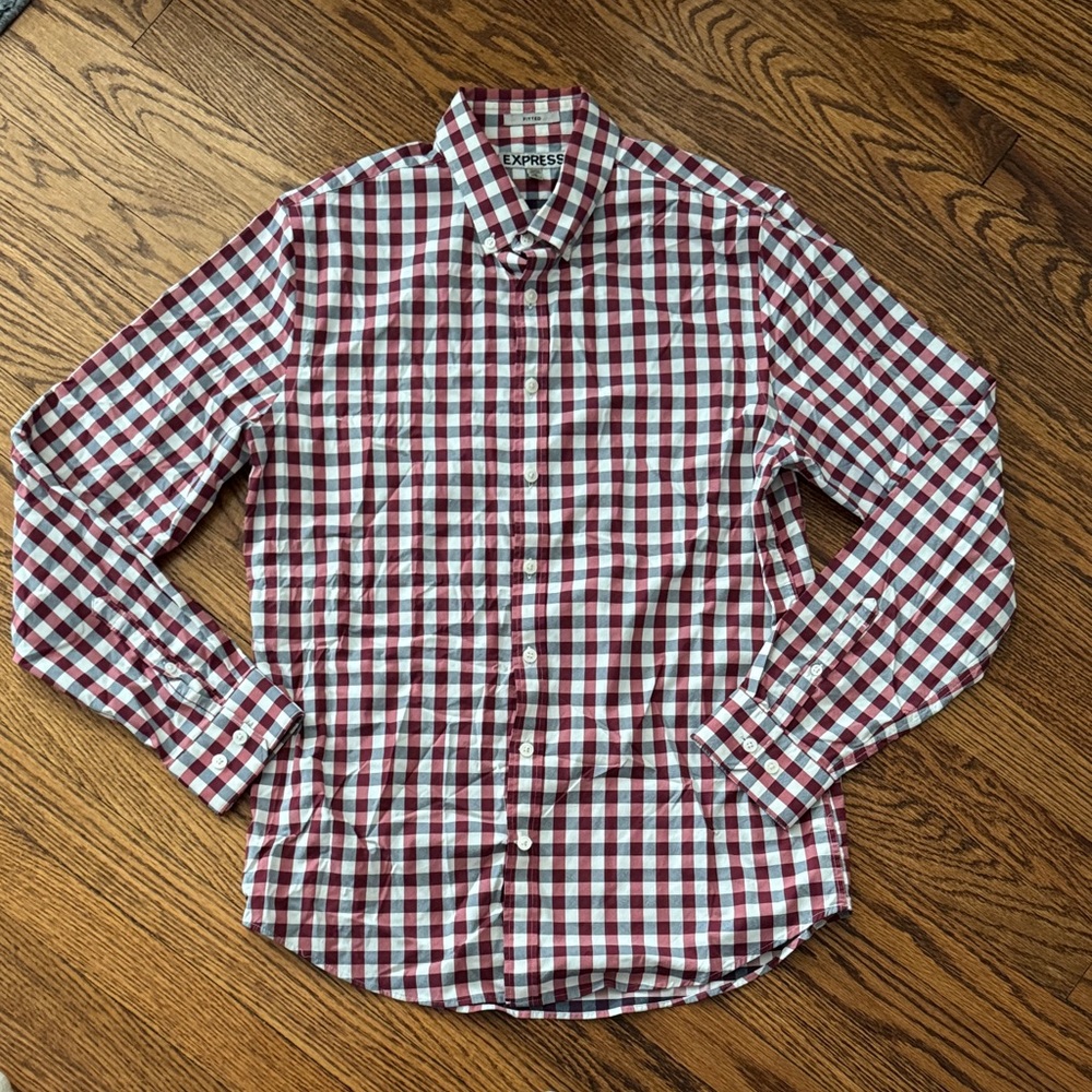 Express Men's Burgundy and White Plaid Shirt